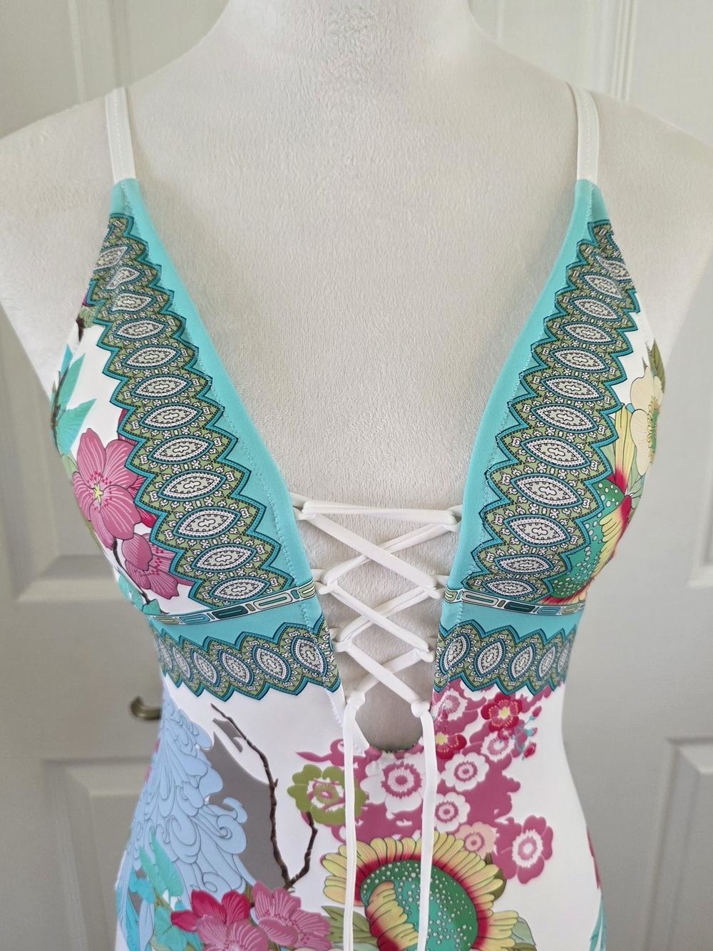 Johnny Was Cora Lace Up One Piece Swimsuit Blue Floral Print SZ S Boho Resort - Picture 3 of 14